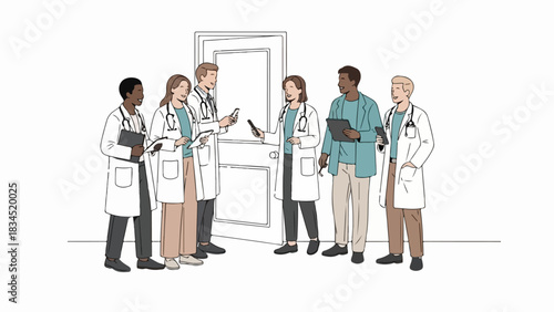 Diverse medical team standing by door, ready for patient care. Group of healthcare professionals with stethoscopes and clipboards discuss patient well being, collaborating on hospital operations.