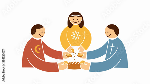 Image 2025-11-28_image_032 showing unity, depicted with interfaith harmony and sharing bread. Image 2025-11-28_image_032 visualizes cultural connection, mutual respect,