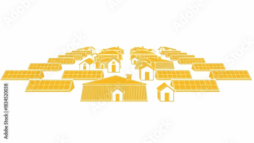 Stylized depiction of solar energy housing, featuring residential buildings with adjacent photovoltaic panels. Solar energy housing illustrates sustainable development, clean electricity generation,