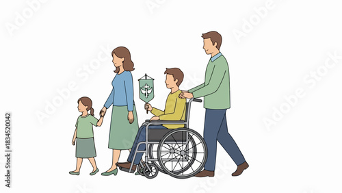 Family disability support with parents, son in wheelchair, and daughter. Father pushes son, mother holds daughter, illustrating dedicated family disability support. Ideal for healthcare, social care,