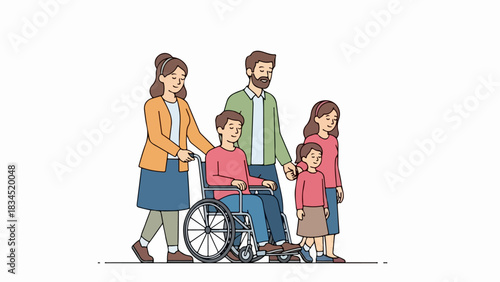 Loving family disabled child moves together, mother pushing son in wheelchair while father holds daughter's hand. Happy family disabled child unit demonstrates unity and care for all members.