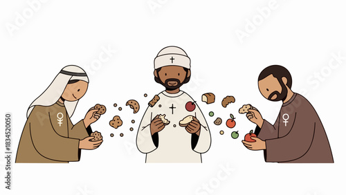 Diverse community figures sharing food, distributing bread, fresh fruits, symbolizing unity, mutual aid. Individuals in traditional attire participate in sharing food, emphasizing support, compassion.