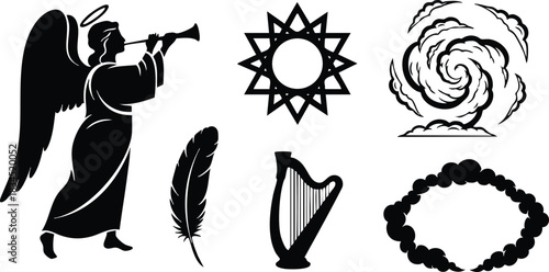 Silhouette icon set close-up angel blowing trumpet with harp feather star swirl and wreath icons for vintage religious festive decoration flat vector artwork centered black profile
