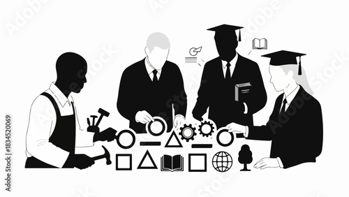 Work and education concept, diverse professionals collaborating on ideas. Skilled worker with tools and scholars in graduation caps symbolize knowledge sharing.