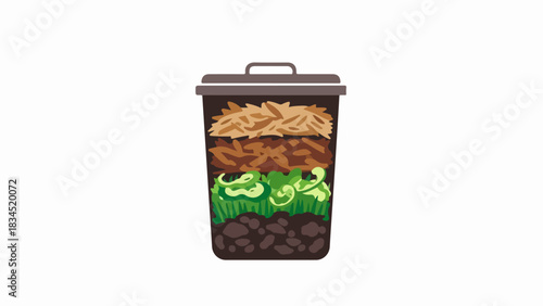 Compost bin filled with various organic layers for environmentally conscious waste disposal. Compost bin promotes sustainable living, with soil, vegetable scraps, and wood chips clearly visible.