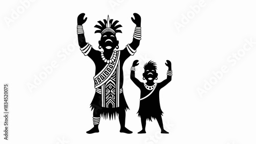 Silhouetted cultural dance figures, adult and child, raise arms celebrating. Energetic cultural dance figures embody tribal heritage with symbolic adornments.
