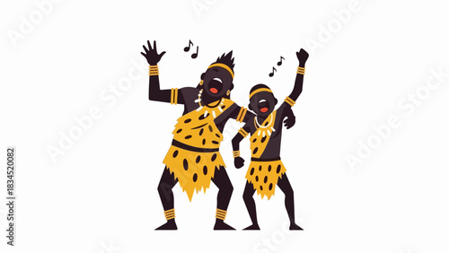 Lively tribal dance illustration shows two figures in traditional attire, celebrating rhythmic movement with musical notes. Dynamic tribal dance features patterned clothing, golden accessories,