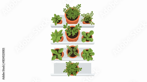 Potted plants shelves display diverse green herbs in terracotta pots, presented from overhead. Fresh potted plants shelves offer lush foliage, ideal for interior design, small home garden.