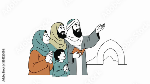 Muslim family, father holding holy book, mother and child praying, symbolizing faith. Muslim family wears traditional attire, mosque outline behind, depicting spiritual life.