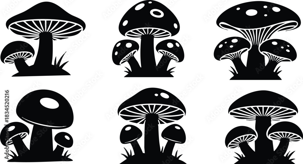 Fototapeta premium Flat silhouette mushroom icon set in two row grid showing six front facing toadstools with varied cap shapes grass tufts stacked stems decorative gills bold black vector art