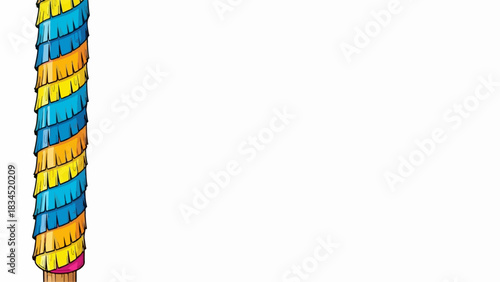 Colorful pole wrapped with blue, yellow, and orange fringe is displayed on clean white background, evoking feelings of celebration, joy, and party spirit.