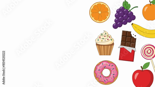 Holiday treats for Thanksgiving celebration with doughnut, muffin, and fresh fruits on white background. Thanksgiving celebration includes chocolate bar, orange, and grapes in festive arrangement.