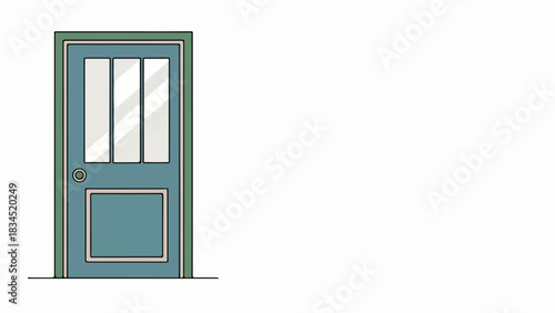 Closed light blue door features multiple clear glass panels, surrounded by a simple green frame, representing concepts of entry, exit, home, or new opportunities.
