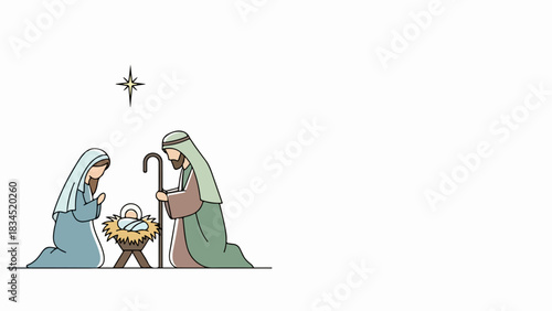 Nativity scene with Mary, Joseph, and baby Jesus in manger on Christmas Eve, symbolic of 2025 Christmas time. Simple Nativity scene in Bethlehem depicts religious holiday.