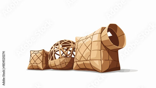 Three handcrafted woven containers of different shapes and sizes presented on clean white background. Natural woven containers showcase intricate patterns and traditional craftsmanship,