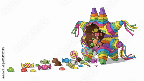 Colorful broken piñata candy spills from star piñata on white. Interior reveals vibrant assortment of sweets, chocolates, lollipops, and wrapped treats.