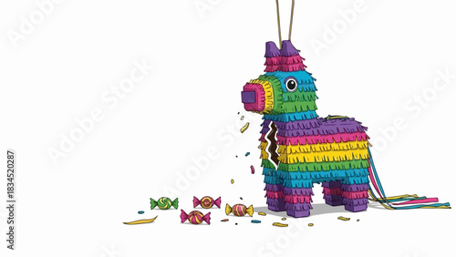 Festive piñata shaped like a donkey with vibrant rainbow colors for upcoming celebrations. Piñata is filled with candies and treats, ready for November 2025 parties and events.