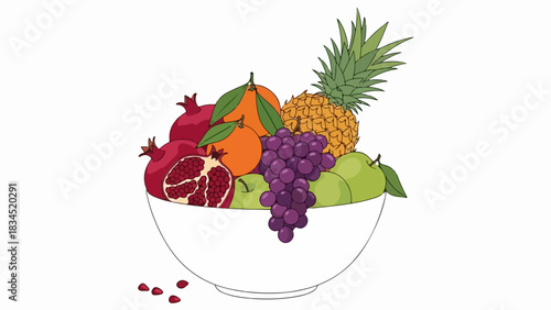 Colorful fruit bowl with pomegranates, oranges, grapes promotes healthy diet. Fresh fruit bowl includes green apples, pineapple, natural health. Wholesome fruit bowl for nutrition, wellness,