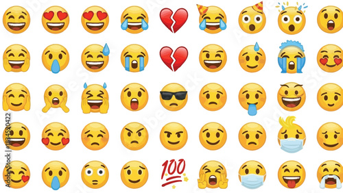 A diverse collection of colorful emoji faces expressing a wide range of emotions and reactions, including laughter, sadness, love, and surprise, against a clean white background.