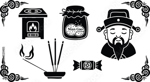 Silhouette vector close-up centered incense bowl with three sticks, nian gao jar, wrapped candy, stove, elderly man eyes closed, corner motifs, chinese new year