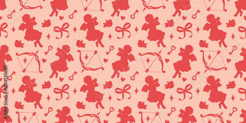 A seamless Valentine's Day pattern featuring Cupids, hearts, and bows with arrows in pink tones. A coquette and romantic background for love-themed designs
