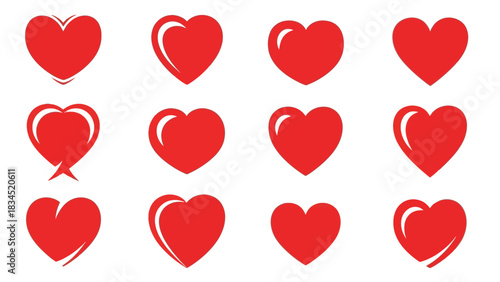 A collection of twelve red heart icons, presented in a grid layout against a white background, each with subtle variations in shading and design.