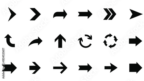 A collection of diverse black arrow icons is presented against a white background, showcasing various directional and circular movement symbols.