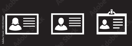 id card icon set, employee badge identification, business identity design, profile document vector illustration, corporate access pass, black and white style 