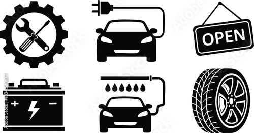 Flat icon set showing six automotive symbols front facing electric plug battery bolt fuel nozzle with drops gear with wrench hanging open sign tire