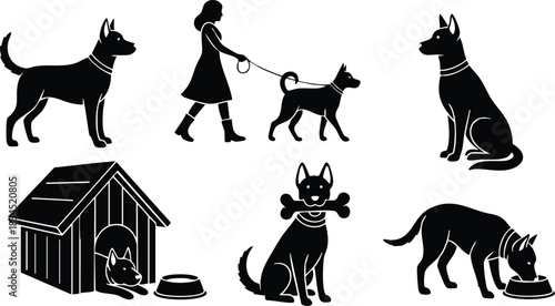 Flat silhouette dog set showing walking girl holding leash, sitting guard dog facing left, doghouse with bowl, chewing bone and sniffing black silhouettes three quarter view