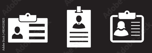 id card icon set, employee badge identification, business identity design, profile document vector illustration, corporate access pass, black and white style 