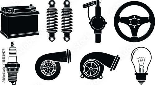 Flat automotive silhouette icon set showing top view, side angle car battery, twin coil shocks, steering wheel close-up, inline spark plug, dual turbo housings, gauge, bulb