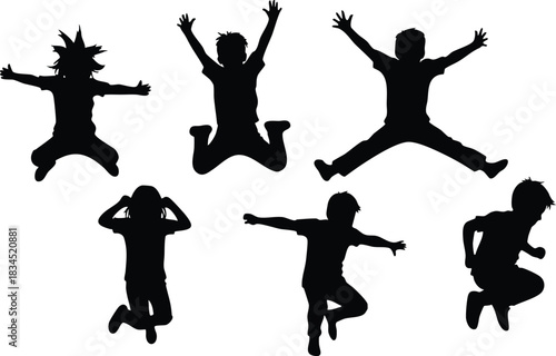 Silhouette vector art close-up of six jumping children in varied star and tuck poses captured from low angle against bright backlight conveying playful energetic dynamic motion