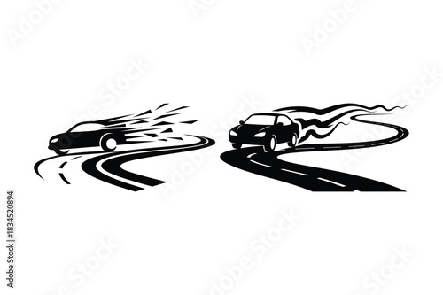 Two cars racing on a winding road with smoke trails