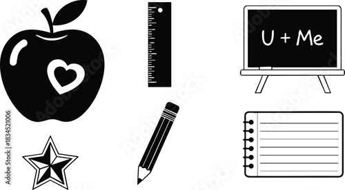 Flat icon close-up apple with heart and angled pencil, chalkboard reading u + me, spiral notebook, ruler and star badge in black silhouette school supply set