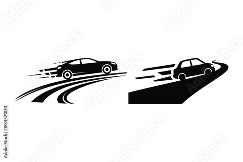 Two cars speeding around a curve on a road