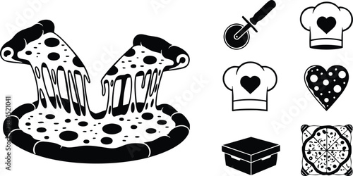 Flat design close up two pizza slices with stretchy cheese pull on round plate and pizza cutter chef hat heart box whole pizza silhouette icons monochrome