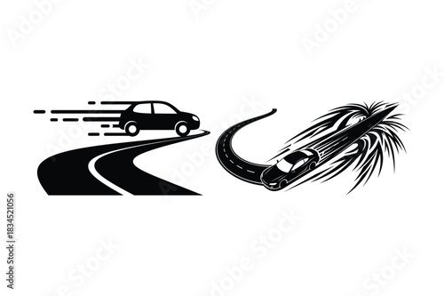 Car speeding on road next to abstract horse head illustration