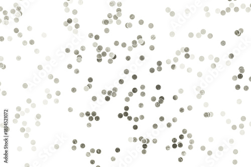 Sparkling silver confetti dots scattered on a clean white surface, creating a festive abstract pattern for celebration events. Color of 2026 year dancer in the white cloud