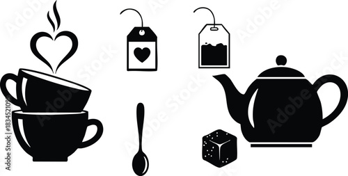 Flat icon set with centered stacked cups steaming heart, tilted teacup pair, teabag tags, teaspoon, sugar cube and classic teapot in solid black silhouette minimalist vector