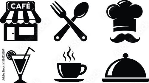 Flat icon set showing six black cafe restaurant silhouettes in grid, including storefront, crossed fork and spoon, chef hat with mustache, cocktail glass, steaming cup cloche