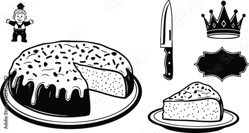 Vintage engraving style angled side view of whole glazed cake with slice removed, upright knife, ornate crown and plaque, baker mascot, halftone texture, high-contrast composition detail