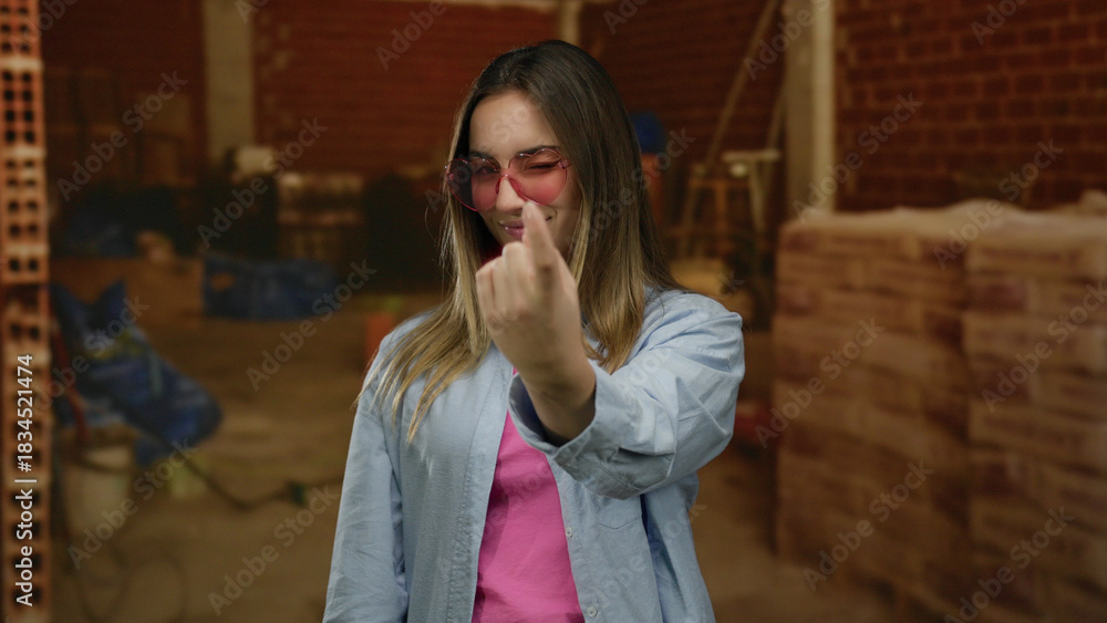 Fototapeta premium Young woman with blonde hair making a beckoning gesture with finger, wearing pink sunglasses at indoor construction site with bricks and tools.