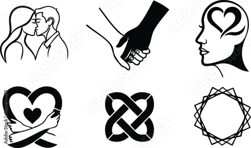 Minimal icon showing six black and white relationship symbols including kissing couple profile, holding hands closeup, hearts brain profile, hugging heart emblem, interlocked knot, geometric wreath