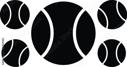 Flat design centered large black tennis ball with four smaller corner balls showing vertical seams front view bold silhouette high contrast icon set sports branding logo
