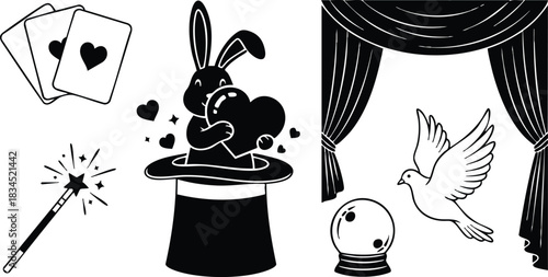 Tattoo flash black silhouettes magic icons showing angled playing cards, sparkling wand, rabbit hugging heart in front-facing top hat, crystal ball under stage curtains with dove