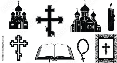 Flat icon set showing black russian orthodox church with three onion domes, close-up three-bar cross, open bible, lit candle, prayer rope with cross, ornate framed cross
