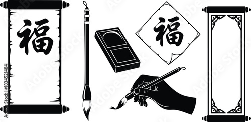 Traditional chinese brush calligraphy vector showing close-up hand writing fu diamond, vertical scrolls, inkstone and brush in black ink festive minimalist composition for chinese new year