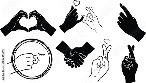 Minimalist silhouette and line art hand icon sheet showing finger heart, two hand heart, handshake, pointing finger and crossed fingers for valentine's day black silhouettes set