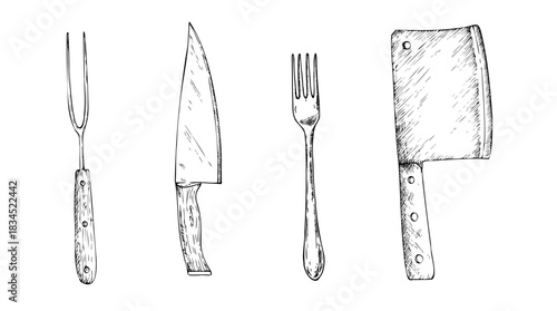 Vector Butcher set of knifes and forks. Graphic ink kitchen tool, Large sharp cleaver illustration, isolated on background. Hand drawn line sketch. For designers, prints, logo, icon, menu, postcards